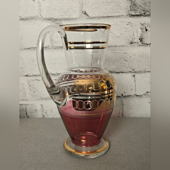 Vintage Pink & Gold Ombre Glass Pitcher Set – 5 Pc Mid-Century Barware - Picture 8 of 15